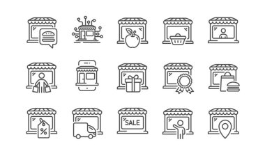 Market çizgisi simgeleri. Çevrimiçi Pazarlama, Ağ Pazarlama, Toptan Alışveriş. Mağaza vitrini, market, alıcı hattı simgeleri. Perakende satıcı, taze pazar, yiyecek teslimatı. Piyasa uygulaması. Vektör