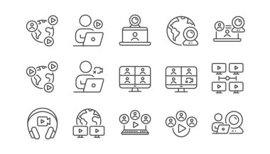 Çevrimiçi buluşma hattı simgeleri. Sanal sunum, video konferansı, canlı sohbet simgeleri. Takım videosu, dijital eğitim, online sunum. Canlı Webinar, Uzak Takım Konferansı, Sanal Çalışma. Vektör