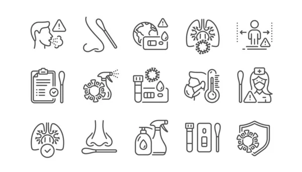 Covid测试线图标 鼻涕和血液检测 社交距离 手部清洁剂 快速抗原检测图标 冠病毒保护 肺炎病毒 用棉签套住鼻子 线性集 — 图库矢量图片