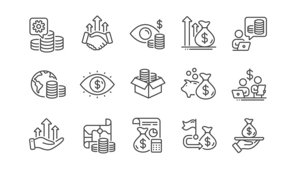 Symbole Der Finanzlinie Buchhaltungsmünzen Haushaltsinvestitionen Symbole Der Handelsstrategie Finanzmanagement Budgetgewinn — Stockvektor