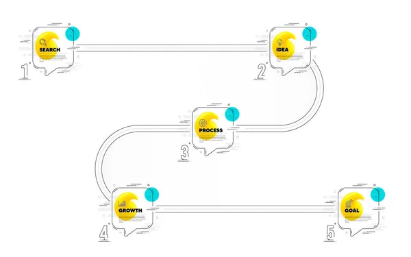 Färdplan Resa Steg Tidslinje Med Ikoner Forskningsidé Tillväxtdiagram Och Mål — Stock vektor