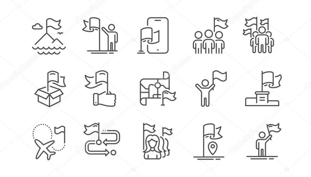 Flag line icons. Leadership, Goal Success, Winner with Flag. Navigation Map, Travel goal destination, People protest line icons. Mountain with Flag pole, Delivery box, Ownership. Linear set. Vector