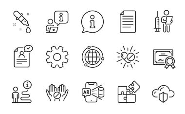 Bilim simgeleri ayarlandı. Aşı duyurusu olarak simge dahil, Belgeye devam et, bulmaca işaretleri. Sertifika, bulut koruması, artırılmış gerçeklik sembolleri. Dosya, Kimya pipeti, Globe. Vektör