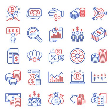 Finans simgeleri ayarlandı. Bağış parası olarak simge, bozuk para banknotu, belge imzaları dahil. İndirim sohbetleri, ipuçları, Infochart sembolleri. Muhasebe, domuz kumbarası, toplantı. Tasarruf, veri analizi. Vektör