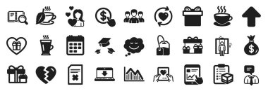 Asansör, nane çayı, destek servis simgeleri gibi basit simgeler. Yükleme, para alma, grup tabelaları. Cappuccino, Love, Speech balonu. Hediye kutusu, sürpriz paket, ilişkileri güncelleme. Vektör