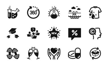 Yüzme havuzunun vektör seti, şapkalar ve kimya laboratuarı simgeleri basit set. Şampanya bardakları, Dambıllar ve Dönüş ambalajları. Yıkama tişörtü, tıbbi ilaçlar ve yazar tabelaları. Vektör