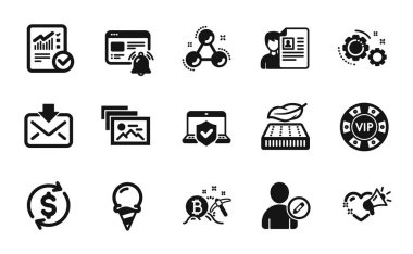 Fotoğraf albümü, hafif yatak ve Bitcoin madencilik ikonlarının vektör seti. Kullanıcı, Gears ve Usd takas simgelerini düzenle. Dondurma, iş görüşmesi ve dizüstü bilgisayar sigorta tabelaları. Vektör