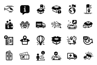 Hediye, paket konumu ve araba servis simgeleriyle ilgili taşıyıcı simge seti. Kutu, pasaport ve teslimat yeri işaretleri. Hava balonu, 24 saat ve ücretsiz teslimat. Bayrak. Vektör