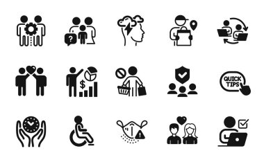 Friends çiftinin vektör seti, tıbbi maske ve güvenli zaman simgeleri basit set. Takım çalışması, aile soruları ve Seo istatistik simgeleri. Alışveriş yapmayı bırak, teslimatçı ve bahşiş ver. Vektör