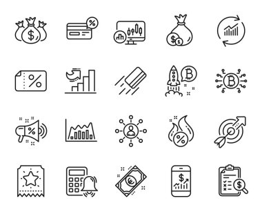 Infographic grafiğinin vektör kümesi, Bitcoin sistemi ve yatırım hattı simgeleri ayarlandı. Bitcoin projesi, indirimli megafon ve hedef simgeleri. Nakit para, kredi kartı ve muhasebe raporları. Vektör