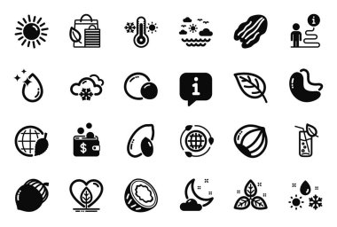 Bezelye, ceviz ve fındık ikonlarıyla ilgili doğa ikonları. Adil ticaret, hava durumu ve yerel büyüyen tabelalar. Güneş, gece hava ve deniz yolculuğu. Biyo-alışveriş, meşe palamudu ve fıstık. Yaprak. Vektör