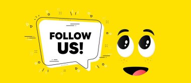 Mesajımızı takip et. Çizgi film yüz sohbet balonu geçmişi. Özel teklif işareti. Süper teklif sembolü. Sohbet mesajımızı takip et. Karakter gülüşü arka planı. Vektör