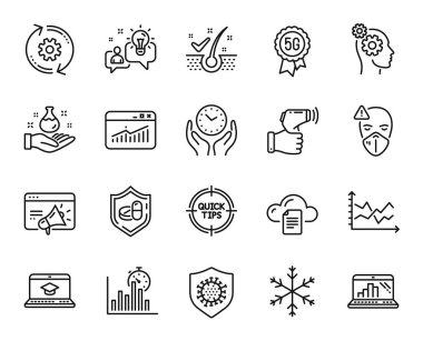 Vector set of Website education, Tips and Seo marketing line icons set. Graph laptop, Idea and Electronic thermometer icons. Cogwheel, Diagram chart and Coronavirus signs. Vector clipart