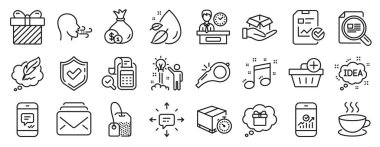 Whistle, Sms, Smartphone istatistik simgeleri gibi satır simgeleri. Mesaj, makaleyi kontrol et, çay poşeti işaretleri. Nefes egzersizi, rapor listesi, satın alma ekle. Posta, nakit, teslimat saati. Vektör