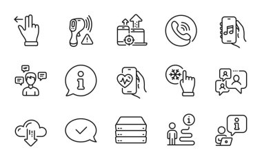 Teknoloji simgeleri ayarlandı. Elektronik termometre, Çağrı Merkezi, müzik uygulaması işaretleri olarak simge içeriyor. Konuşma mesajları, destek sohbetleri, bulut indirme sembolleri. Dondurucu tıkırtı, kardiyo eğitimi. Vektör