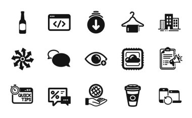 Bulut hesaplama vektör kümesi, paket kahve ve bina simgeleri. İndirimler, hızlı ipuçları ve güvenli gezegen simgeleri. Bira, megafon kontrol listesi ve temiz havlu tabelaları. Vektör