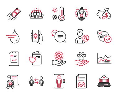 Onaylanmış belge, Ticaret bilgi tablosu ve Hızlı ödeme simgeleriyle ilgili bir dizi iş simgesi. Palyaço, İstatistik ve Sertifika tabelaları. Asansör, domuz kumbarası ve takım çalışması. Vektör