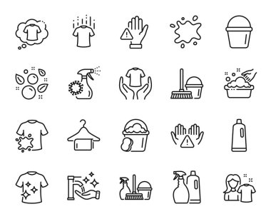 Temiz havlu vektör seti, el yıkama ve kova ipi simgeleri hazır. Kirli tişört, şampuan, sprey ve temiz gömlek ikonları. Kuru tişört, paspaslı kova ve dokunmayın işaretleri. Vektör