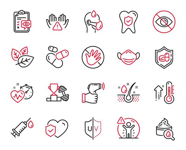 Векторный набор икон, связанных с "Чистыми руками", медицинскими масками и иконами масла сыворотки. Не глядя, органические тесты и признаки капсул. Кардиотренировка, высокий термометр и гантель. Вектор