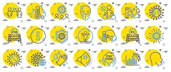 Иконки коронавирусов. Медицинская защитная маска, гигиена рук, закрытие границ ЕС. Оставайся дома, безопасное расстояние, иконки с маской коронавируса. Пандемия вируса Ковид-19, США закрывают границы. Вектор