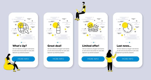 Vector Set of Business icons related to Internet, Arena stadium and Wine bottle icons. UI phone app screens with people. Time line symbols. World web, Sport complex, Cabernet sauvignon. Clock. Vector