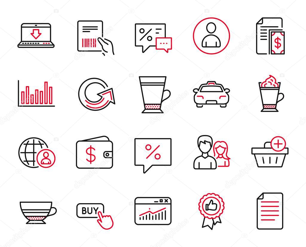 Vector Set of line icons related to Taxi, Add purchase and Website statistics icons. File, Parcel invoice and Reload signs. Bar diagram, Internet downloading and Dollar wallet. Discounts. Vector