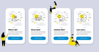 360 derece, Bitcoin grafiği, dondurucu ikonlar gibi bir takım bilim simgeleri. İnsanlarla UI telefon uygulaması ekranları. Yüz koruma hattı sembolleri. Vektör