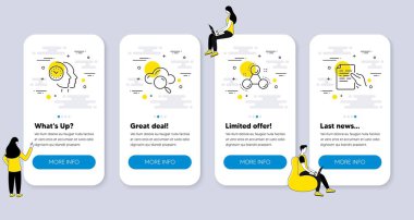 Bulut hesaplama, zaman yönetimi, kimya molekül simgeleri gibi bilim simgeleri. İnsanlarla UI telefon uygulaması ekranları. Belge satırı sembollerini tutun. Vektör