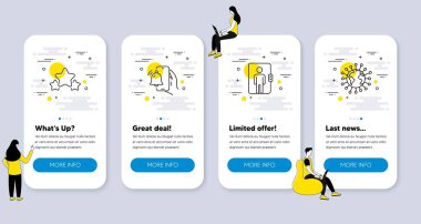 Asansör, yıldızlar, alarm saat simgeleri gibi çizgi simgeleri. İnsanlarla UI telefon uygulaması ekranları. Coronavirus çizgi sembolleri. Ofis ulaşımı, kıdemli yıldızlar, telefon alarmı. Salgın hastalık. Vektör
