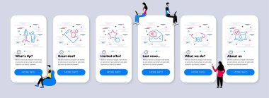 Teknoloji simgeleri ayarlandı. Takım çalışmalı UI telefon uygulaması ekranları. Açılış projesi olarak simge, sıralama yıldızı, Euro para tabelaları dahil. Akıllı telefon su geçirmez, 360 derece, çevrimiçi erişim simgeleri. Vektör