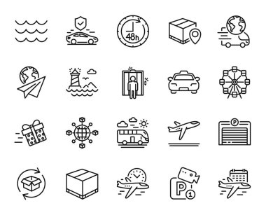 Teslimat servisinin vektör seti, kalkış uçağı ve otopark çizgisi simgeleri ayarlandı. Uçuş süresi, kağıt uçak ve lojistik ağ simgeleri. Dönme dolap, dalgalar ve dönüş işaretleri. Vektör