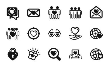 Friends çiftinin vektör seti, Aşk hediyesi ve Aşk gözlüğü simgeleri. Dünya markası, Dostluk ve Arkadaşlık dünya simgeleri. Valentine, kalp hedef ve kalp sinyallerini beklet. Vektör