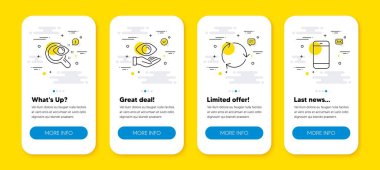 Geri dönüşüm vektör seti, Sağlık Gözü ve Görüş sınama çizgisi simgeleri ayarlandı. Satır simgeli UI telefon uygulaması ekranları. Akıllı telefon ikonu. Atıkları azaltmak, optometri, görüş kontrolü. Cep telefonu ya da telefon. Vektör