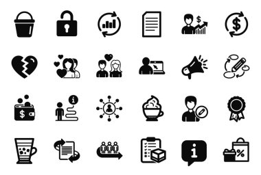 Ayrılık, Frappe ve Güncelleme veri simgeleriyle ilgili basit simgelerin vektör kümesi. Kapuçino kremi, çift ve kilit işaretleri. Megafon, Alışveriş ve İş Büyümesi. Dolar değişimi, Başarı. Vektör