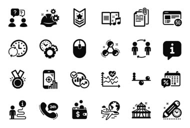 5g internet, 24h hizmet ve müzik kitabı simgeleriyle ilgili Vektör İş Dizisi simgeleri. Güncelleme süresi, İndirim takvimi ve Omuz Kayışı işaretleri. Uluslararası uçuş, zaman yönetimi. Vektör