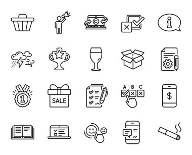 Satış teklifi vektör seti, Onaylanmış ve Bilgi satırı simgeleri ayarlandı. İşaretleme kutusu, Kutu Aç ve Web konferans simgeleri. Araştırma listesi, Zafer ve Eğitim işaretleri. Satış teklifi web sembolü. Vektör