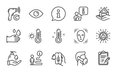 Tıbbi ikonlar hazır. Cilt bakımı, hava durumu termometresi, lastik eldiven işaretleri gibi simgeleri de içeriyor. Göz, Coronavirus, aşı duyuru sembolleri. Aşı raporu, termometre, el ipi simgelerini yıka. Vektör