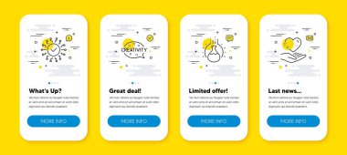 Yaratıcılık, Güvenlik Ağı ve Kimya deney çizgisi simgelerinin vektör kümesi ayarlandı. Satır simgeli UI telefon uygulaması ekranları. Kalp ikonunu tut. İlham, siber sistem, laboratuvar şişesi. Vektör