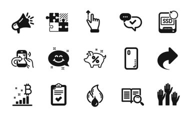 Kontrol listesi vektör seti, yanıcı yakıt ve onaylanmış simgeler sade seti. Arama metni, akıllı telefon kapağı ve paylaşım simgeleri. Bitcoin grafiği, oy kullanma el ve kredi yüzde işaretleri. Vektör