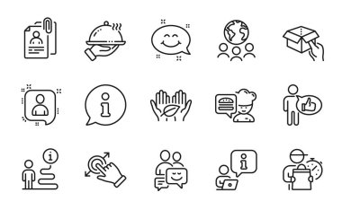 İnsan simgeleri ayarlandı. Gülümseme Sohbeti, Bekleme Kutusu, Geliştiricilerin Sohbet İşaretleri olarak simge dahil. Küresel iş, Şef sembolleri gibi. Restoran yemekleri, iletişim, röportaj belgeleri. Teslimatçı. Vektör