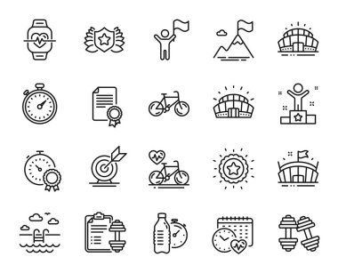 Bisiklet, kardiyo takvimi ve spor stadyumu ikonlarının vektör seti hazır. Arena stadyumu, kardiyo bisikleti ve en iyi sonuç simgeleri. Dambıllar, Liderlik ve Kazanan işaretleri. Bisiklet web sembolü. Vektör