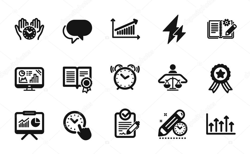 Vector set of Growth chart, Presentation and Talk bubble icons simple set. Rfp, Analytics graph and Alarm clock icons. Safe time, Court judge and Chart signs. Growth chart simple web symbol. Vector