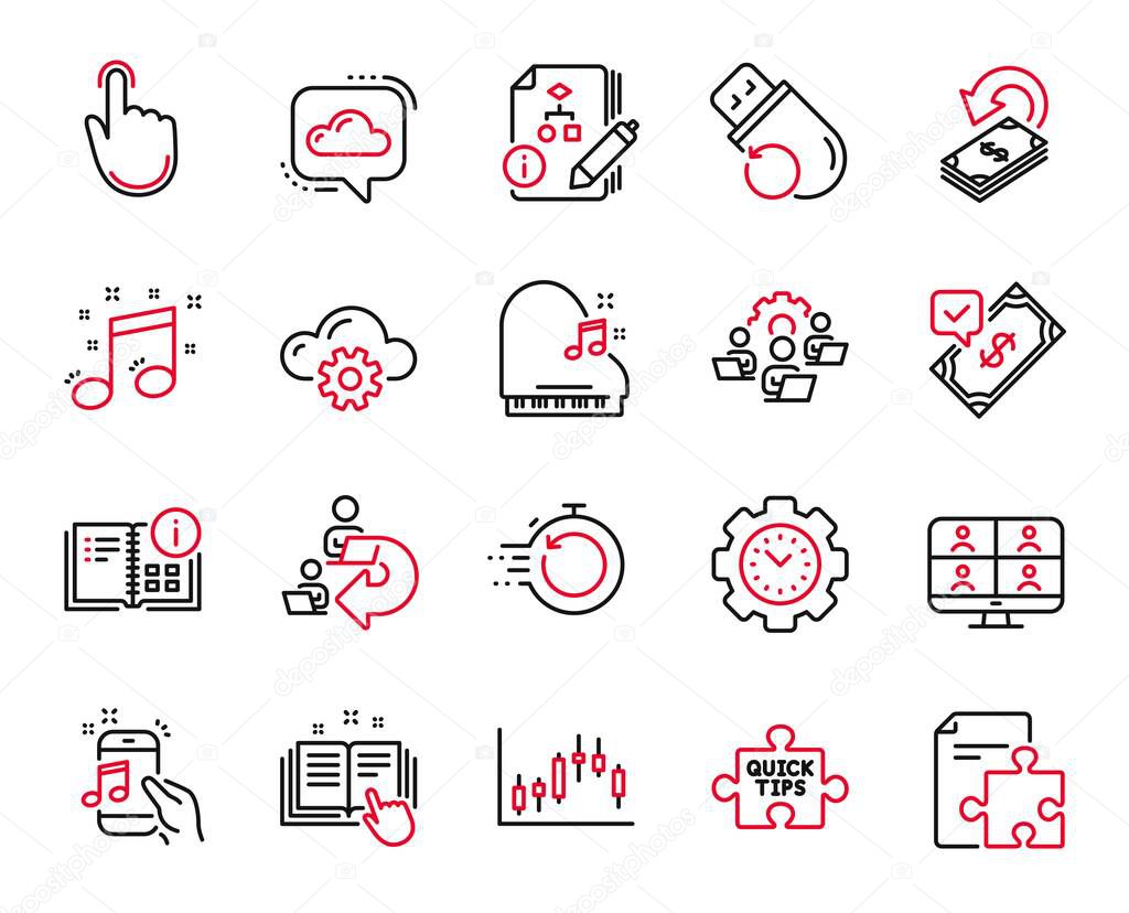 Vector Set of Education icons related to Accepted payment, Video conference and Hand click icons. Flash memory, Quick tips and Technical documentation signs. Cloud computing, Piano. Vector