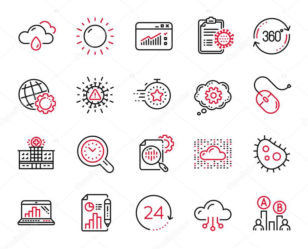 Vector Set of Science icons related to Graph laptop, Full rotation and Report document icons. Timer, Time management and Coronavirus report signs. Rainy weather, Cloud system and Cogwheel. Vector