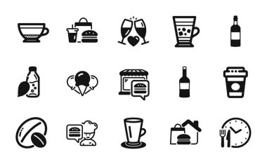 Çay fincanı, su şişesi ve şarap ikonları seti. Yemek teslimatı, Frappe ve Dry cappuccino ikonları. Soya fıstığı, yemek zamanı ve Şef işaretleri. Çay fincanı basit web sembolü. Vektör