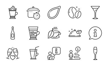 Yiyecek ve içecekler belirlenmiştir. Düğün kadehi, Latte kahve, kahve fincanı tabelaları gibi ikonlar da var. Frappe, nane çayı, kaynatma tavası sembolleri. Balkabağı tohumu, romantik akşam yemeği, şampanya. Martini bardağı. Vektör