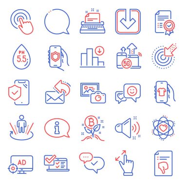 Teknoloji simgeleri ayarlandı. Sertifika olarak simge, dokunmatik ekran jesti, baş parmak işareti olarak dahil. Gürültülü ses, Atom, nötr semboller. Gülümse, konuşma balonu, klik. Grafik azalıyor, onaylandı. Vektör