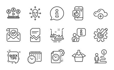 Teknoloji simgeleri ayarlandı. Mobil gibi simge içeren, onaylanmış posta, yüz biyometrisi işaretleri. Takvim zamanı, hızlı ipuçları, çarpışan araba sembolleri. Cogwheel, Bulut hesaplama, Proje teslim tarihi. Vektör