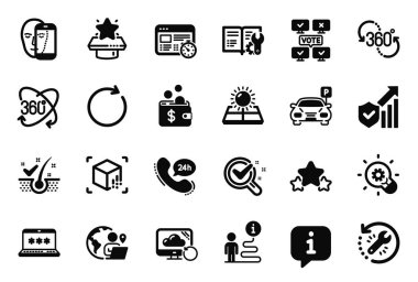 Kepek tanecikleri, kimya laboratuvarı ve mühendislik belgeleriyle ilgili bir dizi teknoloji simgesi. Eşzamanlama, güvenlik istatistikleri ve 360 derece işaretleri. Kurtarma aracı. Vektör