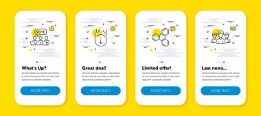 Aşağı kaydırma vektör seti, Çevrimiçi oylama ve Kimyasal formül çizgisi simgeleri ayarlandı. Satır simgeli UI telefon uygulaması ekranları. Grup simgesi. Geçiş ekranı, internet anketi, kimya. Bir grup insan. Vektör